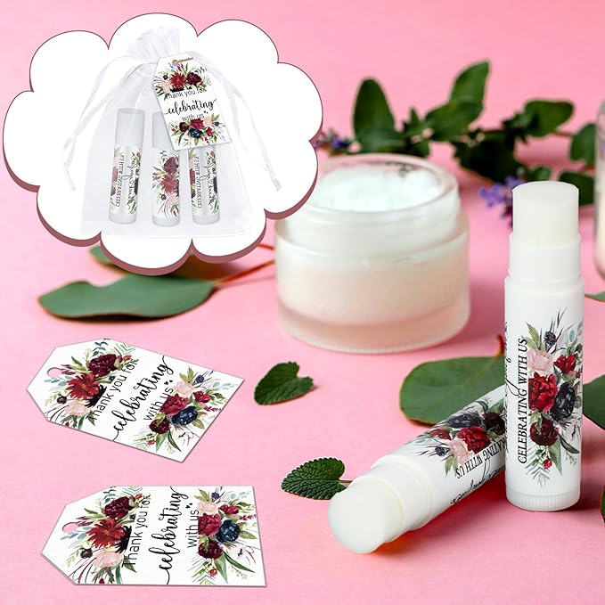 Dunzy 50 Pack Bridal Shower Favors Gifts Bulk Burgundy Floral Lip Balms Party Supplies Wedding Party Favors Bachelorette Prizes Souvenirs Thank You Appreciation Gifts for Guests Women Coworker Staff