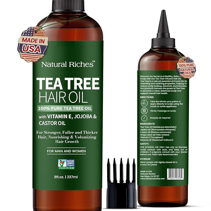 Natural Riches Tea Tree Oil for Hair - Blended with Vitamin E and Castor Oil for Hair Growth - Tea Tree Scalp Treatment for Dry Scalp - Lightweight Scalp Oil for Healthy, Strong Hair - 8 fl oz