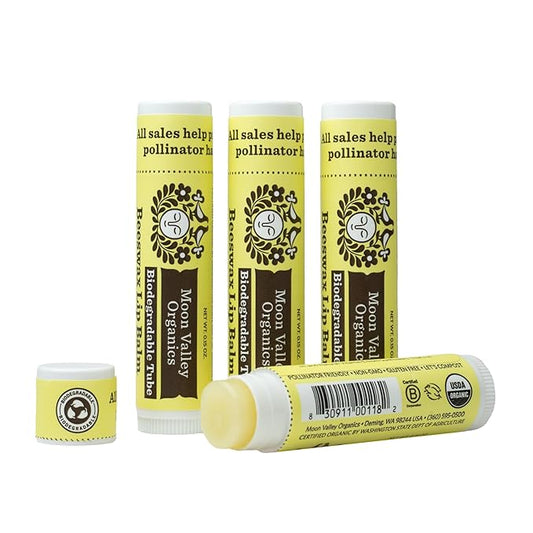Moon Valley Organics Beeswax Lip Balm for Moisturizing Lips and Cuticles (VELVETY VANILLA, 4-Pack)