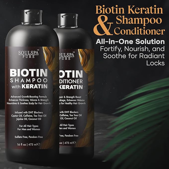 Biotin Shampoo and Conditioner Set with Keratin - Sulfate-Free Advanced Anti-Thinning, Hair Growth Shampoo and Conditioner Combo Repair Formula - with DHT Blockers, for Men & Women - 16 fl oz each