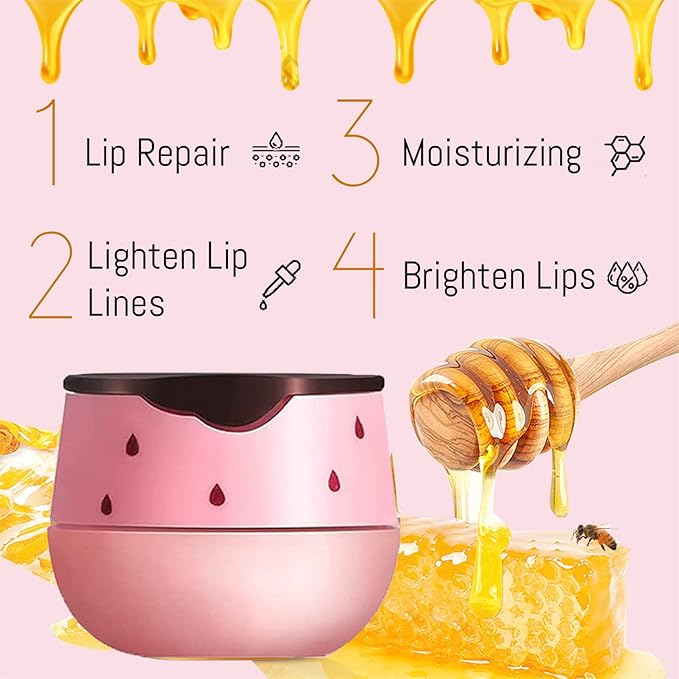 2PCS Lip Balm Honey Pot, Honey Pot Lip Balm for Dry Cracked Lips, Strawberry Lip Balm Scrubs Exfoliator & Moisturizer, Hydrating Lip Balm Honey Pot with Wand, Lip Sleeping Mask (B)