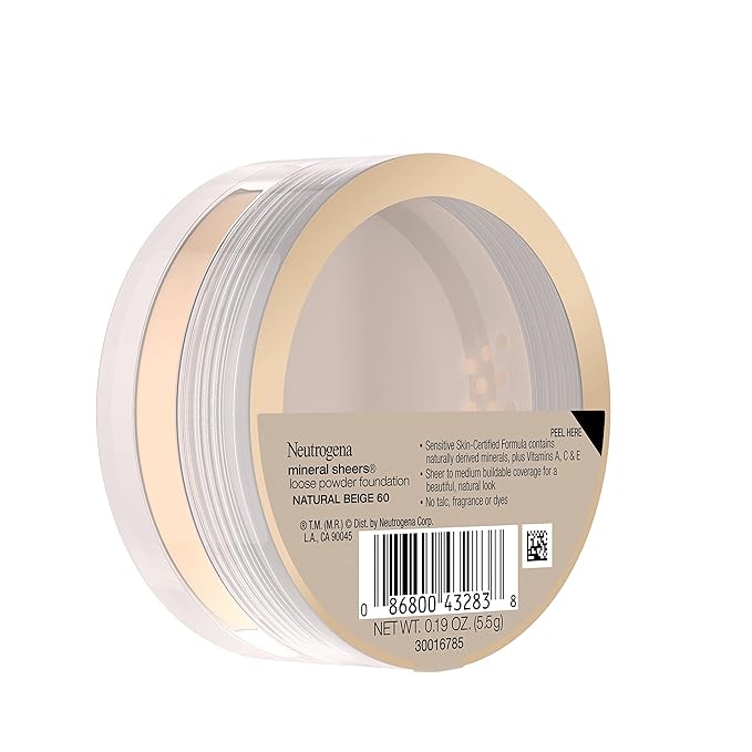 Neutrogena Mineral Sheers Lightweight Loose Powder Makeup Foundation with Vitamins A, C, & E, Sheer to Medium Buildable Coverage, Skin Tone Enhancer, Face Redness Reducer, Natural Beige 60,.19 oz
