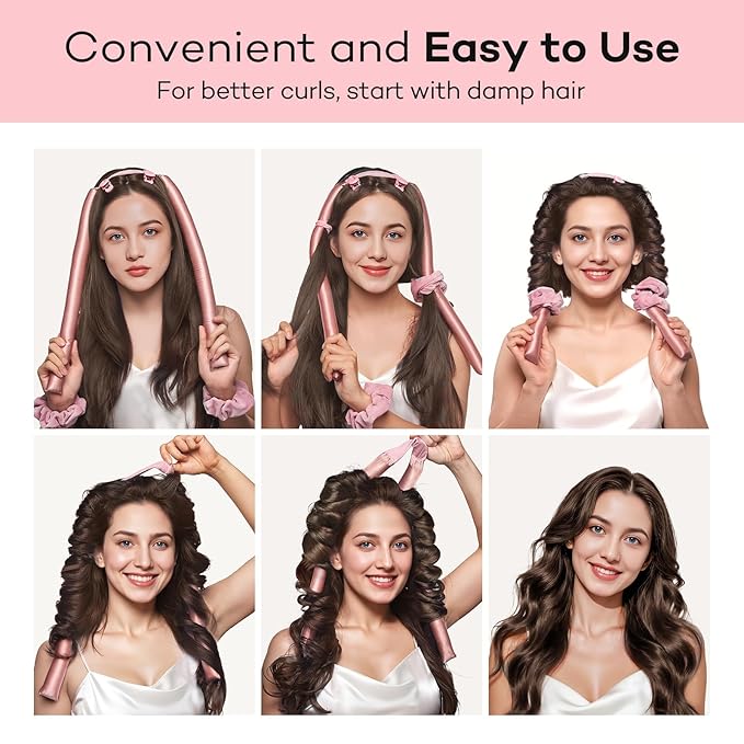 Umisleep 22 Momme 100% Mulberry Silk Heatless Hair Curler Set — Frizz-Free Hair Rollers for Women Long Hair, Overnight Heatless Curls, Upgraded Soft Flat Design with Clips & Scrunchies, Pink