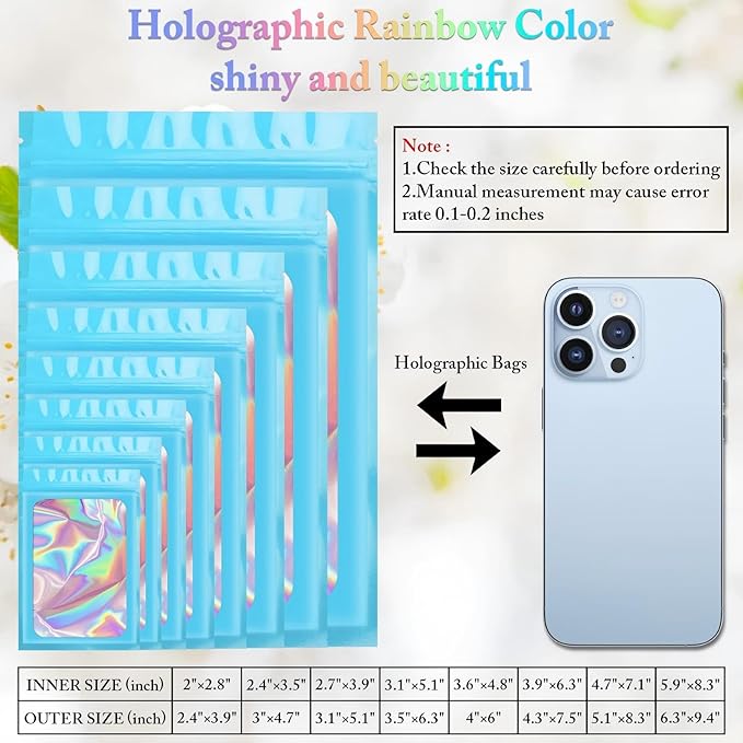 ANZNKU 100 Pcs Smell Proof Mylar Resealable Bags, Holographic Packaging Bags, Resealable Odor Foil Pouch Zip Bag with Clear Window for Food Storage and Lipgloss, Jewelry Lash (Blue, 3.9 x 7.1 Inch)