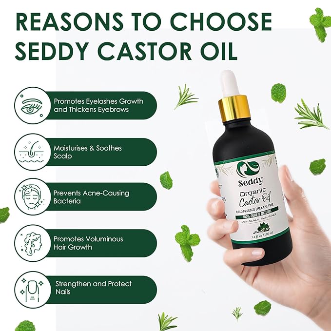 Seddy Organic Castor Oil - Cold Pressed | Hexane-Free | Pure | Hair, Scalp, Eyelashes, Eyebrows, Skin, & Nails | Hair Treatment Oil - 3.4 Fl. Oz