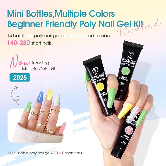 ROSALIND Poly Nail Gel Colors Kit -14 Colors +72 Nail Art Accessories kit Poly Nails Gel Kit Starter Kit with Mini UV Lamp Slip Solution Poly Nail Art Tools for Beginners with Everything