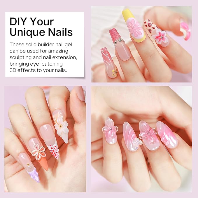 MIZHSE 2PCS 60g Clear and White Solid Builder Gel for Nails, 3D Sculpting Gel for Nail Art with Gold Silver Chrome Powder Nail Form Molding Builder Gels Kit for Women Home DIY Manicure