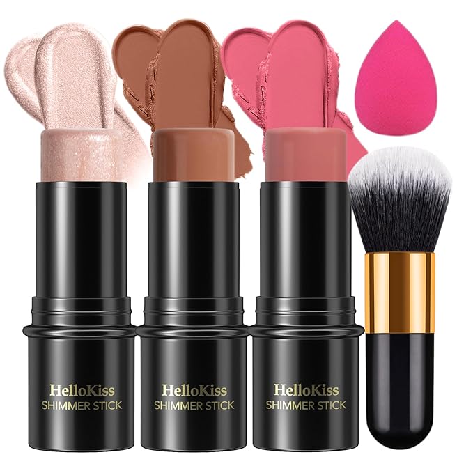 3Pcs Cream Contour Stick, with Highlighter Stick Bronzer Stick Blush Stick, Face Contour Stick Highlighter Makeup with Makeup Brush and Sponge for Sculpt the Cheeks, Long Lasting, Waterproof