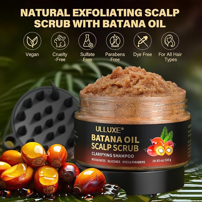 Scalp Scrub, 2-in-1 Scalp Exfoliator & Clarifying Shampoo for Dandruff, Dry, Itchy Scalp & Hair Growth, Batana Oil & Rosemary Scalp Treatment with Scalp Massager for Buildup & Thinning Hair, 10.93 oz