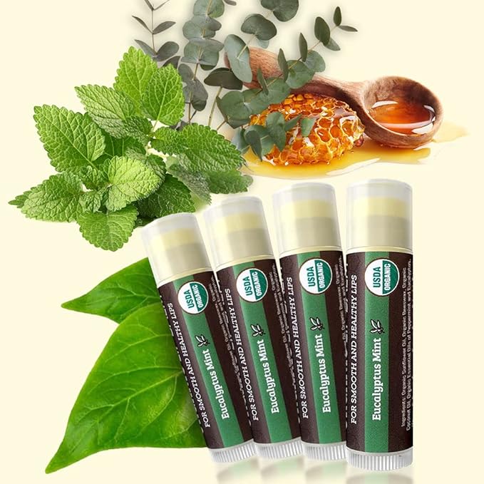 USDA Organic Lip Balm 4-Pack by Earth's Daughter - Eucalyptus Mint Flavor, Beeswax, Coconut Oil, Vitamin E - Best Lip Repair Chapstick for Dry Cracked Lips.