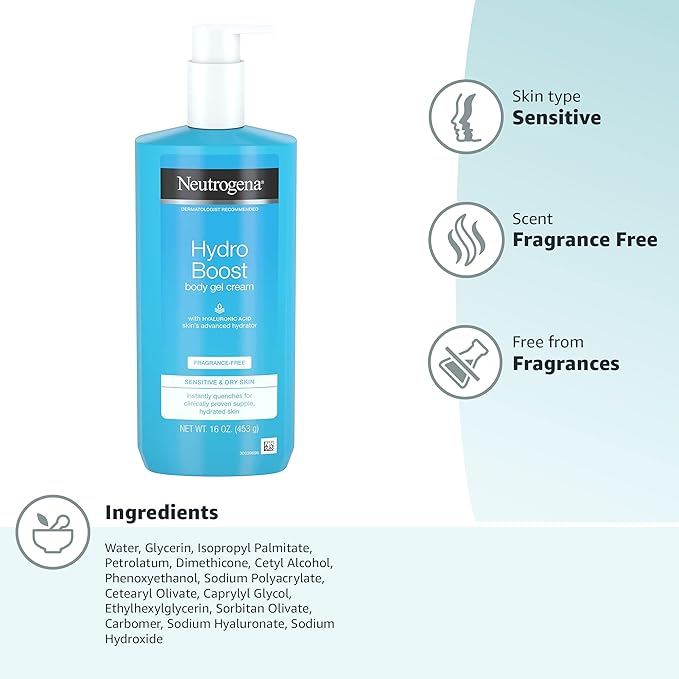 Neutrogena Hydro Boost Body Moisturizing Gel Cream with Hyaluronic Acid, Non-Greasy & Fast Absorbing, Lightweight Hydrating Body Lotion for Normal to Dry Skin, Fragrance-Free, 16 oz (Pack of 2)
