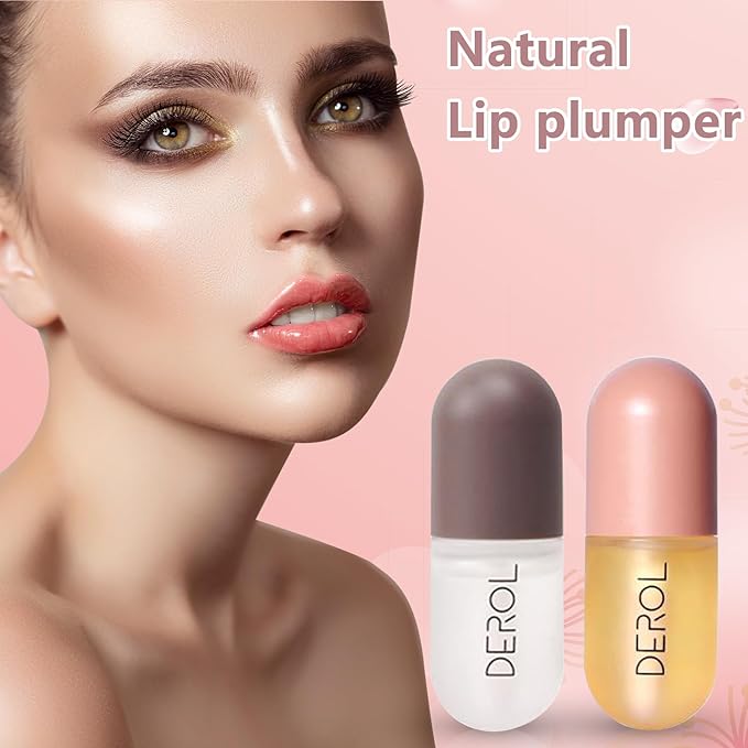 DEROL 2Pcs Natural Lip Plumper, Plant Extracts Plumping Lip Serum, Lip Enhancer Including Day and Night Lip Plumping Balm, Lip Care Serum for Fuller & Hydrated Sexy Lip (5.5MLX2)