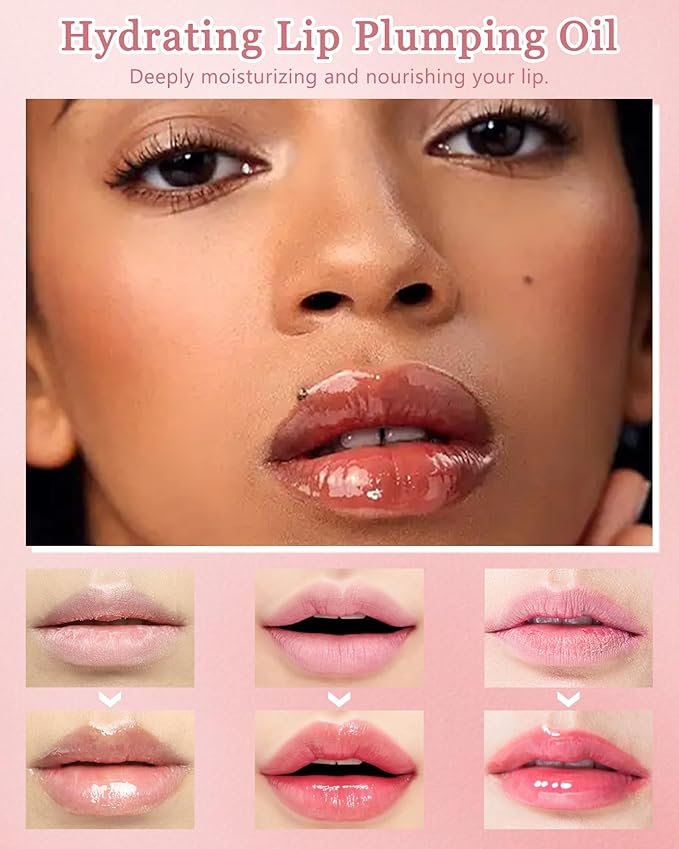 Plumping Lip Oil Kit-3Pcs Hydrating Glossier Tinted Lip Gloss,Long Lasting Lip Plumper and Pout Booster LIpgloss, Moisturizing Non-Sticky Natural Fuller Lip Tint Stain, Makeup Gift for Women-Set B
