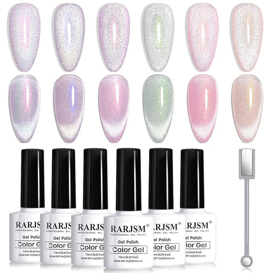 RARJSM Aurora Cat Eye Gel Nail Polish Set 6 Colors Velvet Silver Glitter Purple Pink Green Champagne Galaxy Star Cloud Ice Gel Polish with Magnet Stick UV LED Curing Requires Soak Off Home Salon
