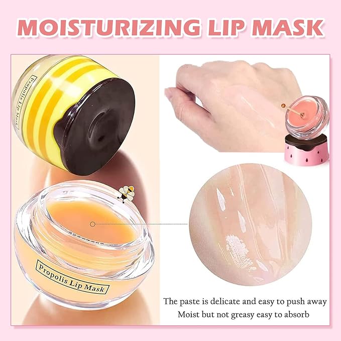 2 PCS Bee Lip Balm Honey Pot,Honey&Watermelon Lip Mask Overnight Moisturizing Prevention Dry and Cracked Lip Scrubs Exfoliator Lip Care,Lip Sleeping Mask Reduces Lip Lines