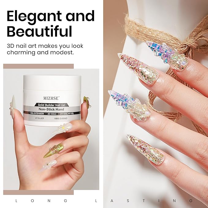 MIZHSE 100g Solid Builder Gel for Nails, Large Capacity Clear Hard Gel 3D Sculpting for Nail Art U V LED Builder Kit with 3D Silicone Pen, for Salon Home DIY