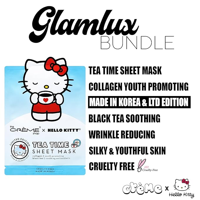 Beauty Bundle The Creme Shop X Hello Kitty Macaron Lip Balm For Cracked/Dry Lips, Hello Kitty Kawaii Kiss Lip Oil Tinted Apple & K-Beauty Tea Time Face Mask; Plumping & Youthful