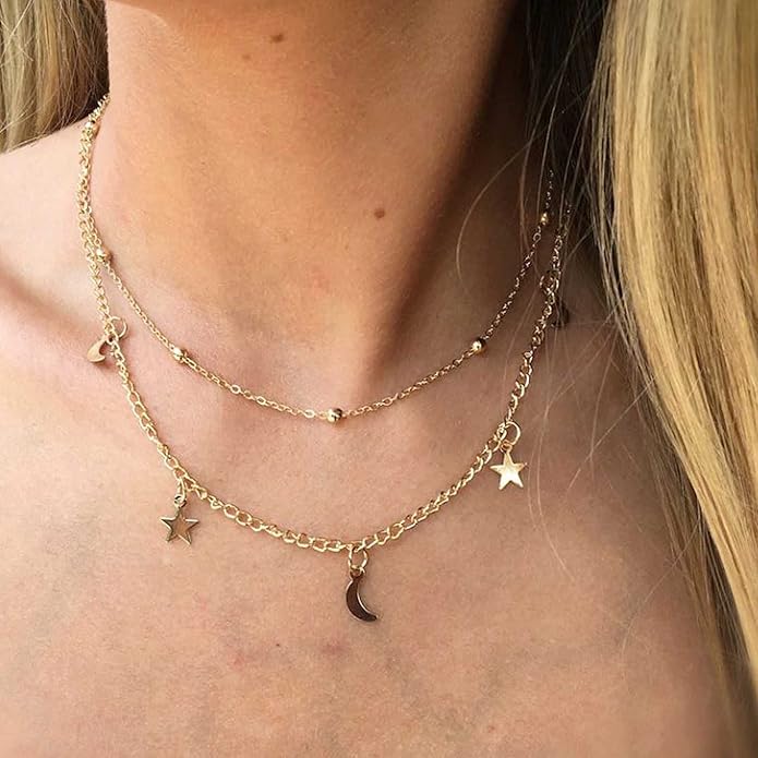 Boho Star Moon Necklace Choker Gold Layered Star Choker Necklace Crescent Moon Necklace Celestial Necklace Chain Festival Jewelry for Women and Girls