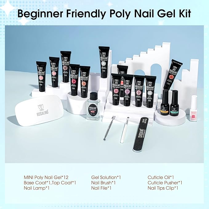 ROSALIND Poly Nail Gel Kit -12 Colors + Nail Art Accessories Kit Summer Neon Poly Nails Gel Kit Starter Kit With Slip Solution Pro Bright Colors Nail Extensions Gel Set with Mini UV Lamp