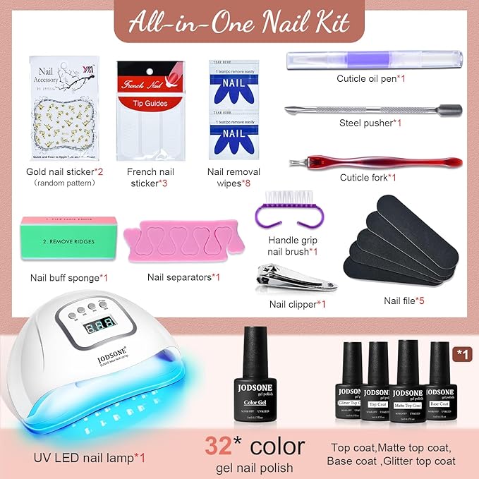 JODSONE Gel Nail Polish Kit with U V Light 32 Color Soak Off Base&Top Glitter Coat Gel Polish for DIY Manicure Lovers