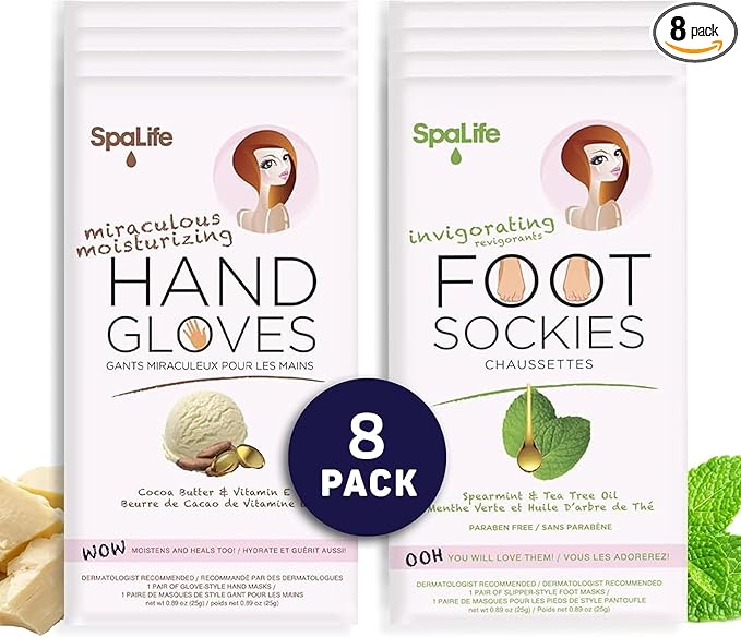 SpaLife Moisturizing Hand Gloves and Foot Sockies Bundle - 4 Hand Gloves & 4 Foot Sockies Set for Hydrating Dry, Cracked Hands and Feet - Repairing Skincare Mini Gift Set