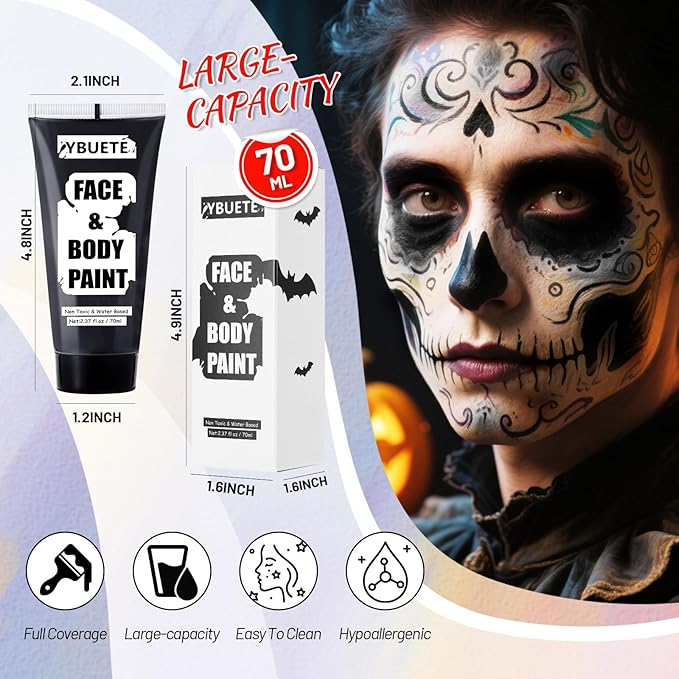 Black Water Based Face Body Paint, 2.37 OZ Large Tube Full Coverage Washable Face Paint Cream for Adult Carnival Cosplay Halloween SFX Skull Joker Zombie Vampire Skeleton Goth Makeup