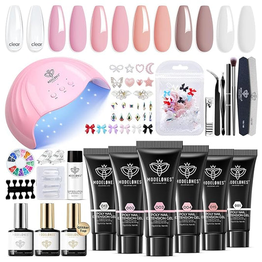 Modelones Poly Nail Gel Kit, 6 Colors Poly Extension Gel Clear Pink White with 48W U V/LED Lamp 3D Nail Charms Builder Slip Solution Complete Toe Manicure Supplies Tools for Starter