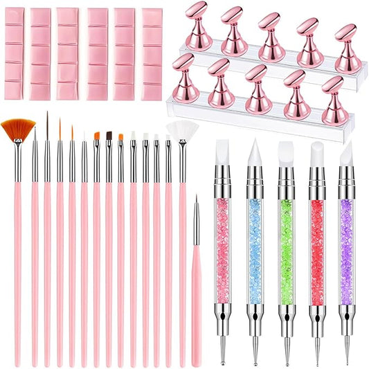 Nail Art Tools,Nail Art Brush,2 sets Nail Stand,5 PCS Dual Tipped Nail Dotting Tool and Sculpture Pen, Acrylic Silicone Nail Pen, Nail Design Tools