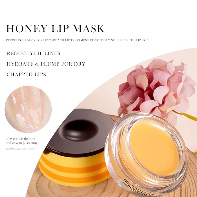 Honey Lip Balm Pot, Honey Lip Sleeping Mask Overnight 24HR Repair Lip, Moisturizing Lip Mask Honey Lip Balm Pot with Wand Hydrate Nourish Prevent Chapped Lips Lip Scrubs Exfoliator