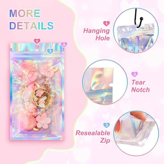 ANZNKU 100 Pack Mylar Bags Reasealable Holographic Bags, Smell Proof Bag Zipper Pouches with Clear Window, Jewelry Candy Sealable Bag for Packaging Sample Party Favor (4.7 x 7.9 Inch)