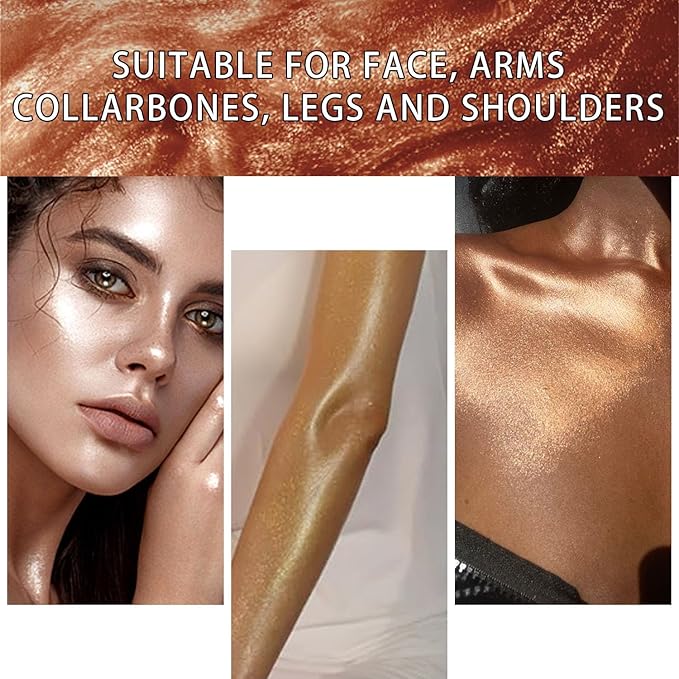 Shimmer Body Oil, Face and Body Liquid Luminizer Waterproof Moisturizing, Light Shimmer Glow Illuminator, Smooth Body Highlighter Makeup Liquid Body Shimmer (3# Bronze Gold)