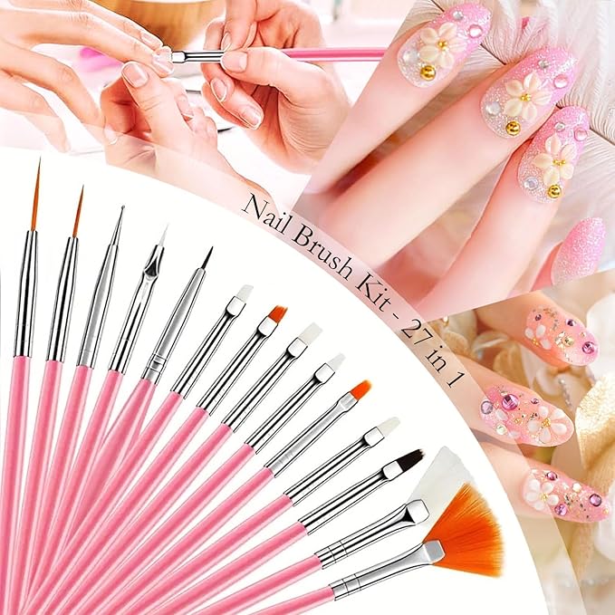 Nail Art Tools 27Pcs Set,Nail Art Brush,Resin Nail Art Palette,5 Pcs Nail Art Sculpture Pen,2-way Acrylic Silicone Engraving Pen Dotting Pen Tools Nail Art Kit for Nail Art DIY