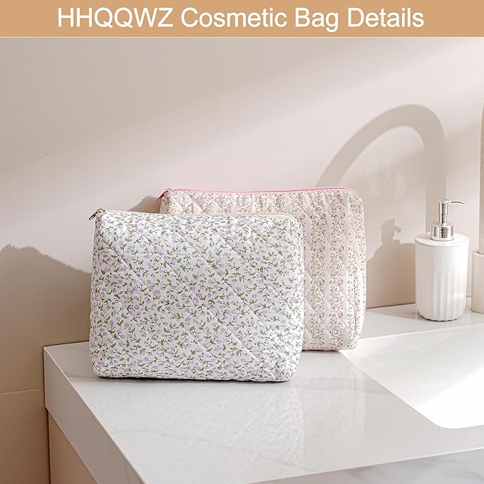 Makeup Bag Travel Cosmetic Bag for Women Girls, Zipper Make Up Pouch, Floral Flowers Toiletry Organizer Makeup, Portable Storage Bag, Cosmetic Travel Cloth Bag (L/Large Blue Flowers)
