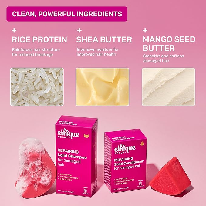 Ethique Repairing Conditioner Bar for dry, damaged hair with Rice Protein - Plastic Free, Vegan, Cruelty-Free, 2.12 oz - Formerly Too Delicious