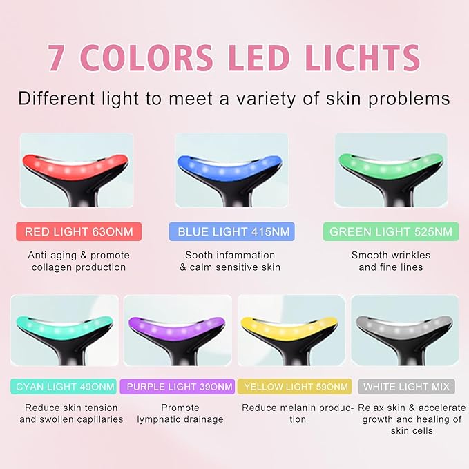 7 Colors Facial and Neck Massager,Lymphatic Contour Face Massager for Womens Skin Care- Rejuvenation- Lifting- Toning- Glow Boost-Tightening and Smooth (Black)