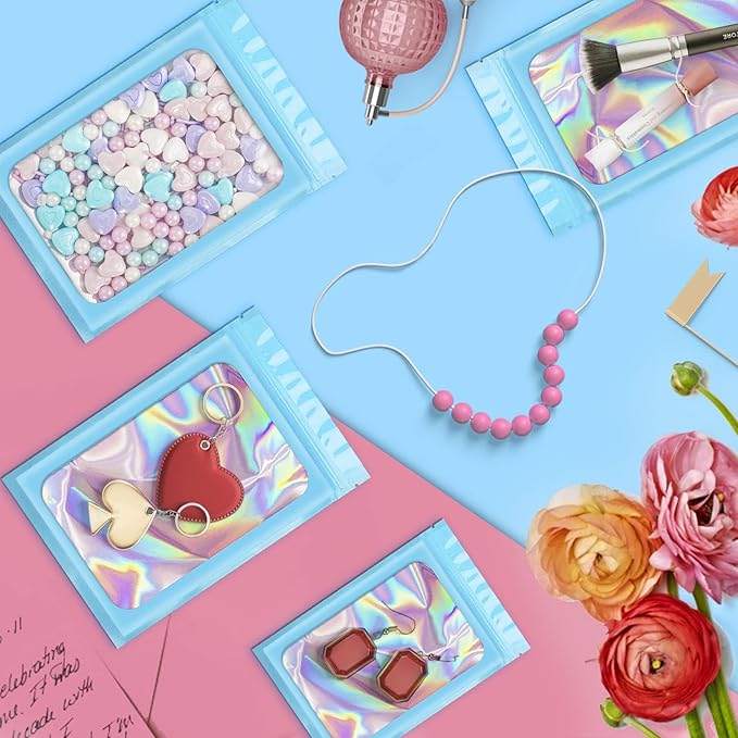 ANZNKU 100 Pcs Smell Proof Mylar Resealable Bags, Holographic Packaging Bags, Resealable Odor Foil Pouch Zip Bag with Clear Window for Food Storage and Lipgloss, Jewelry Lash (Blue, 3.9 x 7.1 Inch)