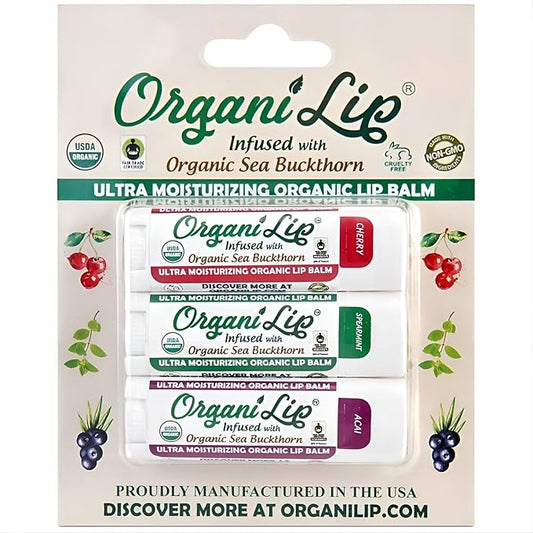 OrganiLip Organic Lip Balm, Variety3 Pack (Spearmint, Cherry, Acai), Ultra Hydrating Lip Moisturizer for Dry Lips, USDA Certified Organic,