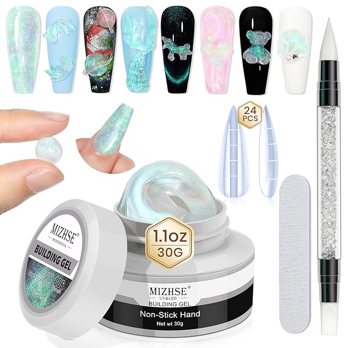 MIZHSE Mermaid Aurora Solid Builder Gel, 1oz Hard Gel for Nails 3D Non-sticky Builder Gels Polish Soak Off for Nails Salon Home DIY Manicure