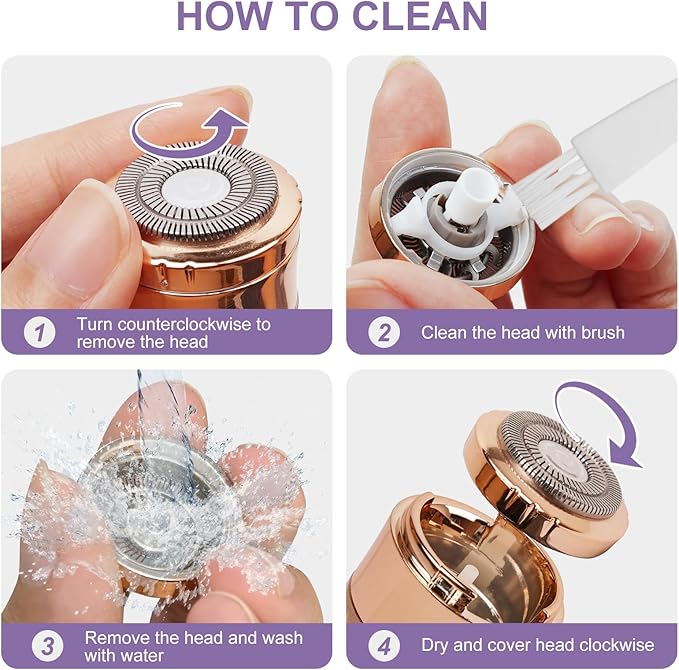 Facial Hair Removal for Women, Painless Rechargeable Hair Removal Device, Comes with 2 Replacement Heads, Portable Electric Shaver/Razor for Face, Chin, Upper Lip, arms and Peach Fuzz (Purple)