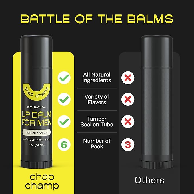 Lip Balm for Men - All Natural Mens Chapstick - Mens Lip Balm - Contains Vitamin E and Beeswax - Chapstick for Men - Peppermint, Coconut & Vanilla Lip Balm - 6 Pack Lip Balm Men