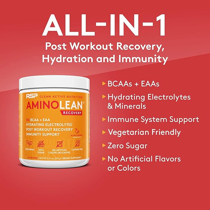 AminoLean Hydrating Electrolyte Powder and Recovery Drink with Sea Minerals, Nootropic Mushrooms, and Vegan Amino Acids, BCAAs + EAAs for Post Workout Muscle Building, Blood Orange
