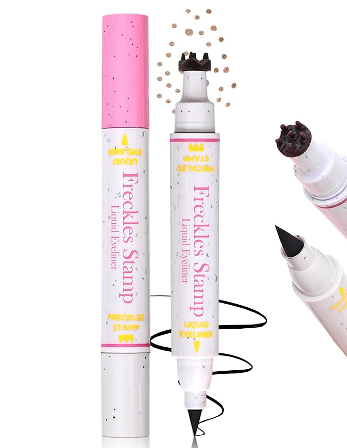 Erinde Waterproof Freckle Stamp Pen, Dual Ended Fake Freckle & Black Liquid Eyeliner, Long Lasting Quick Dry Faux Freckles Stamp Freck Pen for Natural Sunkissed Makeup, 02 Medium