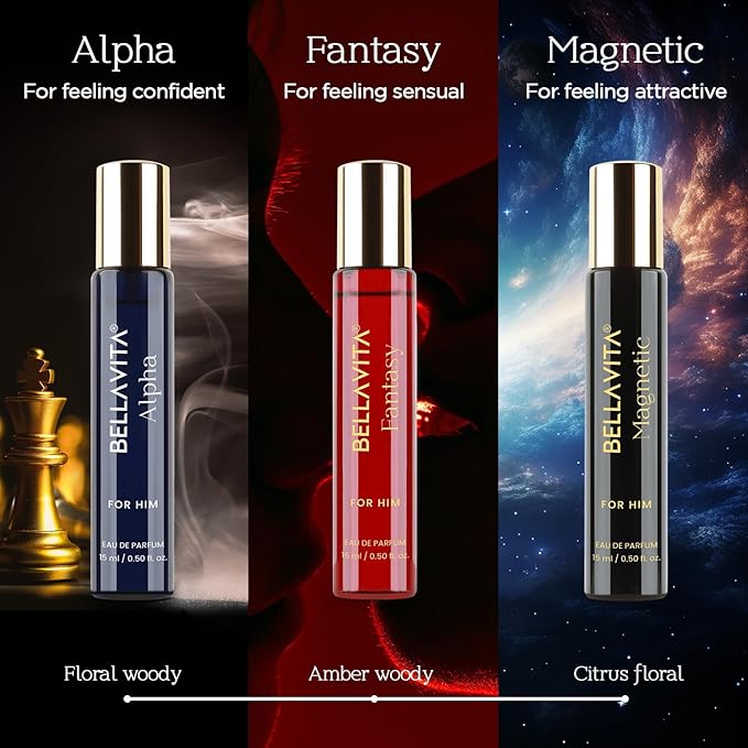 BellaVita Luxury Mood Collection Gift Set (3x15ml) for Men | Pheromone Inspired Technology Long Lasting Fragrance | Includes Alpha, Fantasy & Magnetic Perfumes | Woody, Vanilla, Benzoin and Cedarwood