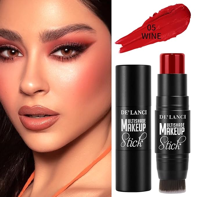 Matte Blush Stick with Built in Brush for Cheeks Summer,Ultra Pigmented Color Pop Makeup Dark Red Blush for Cheeks/Lip/Eyes,DE’LANCI Makeup Gifts for Women/Girl,Travel Size Cute Blush,Cruelty-Free #5