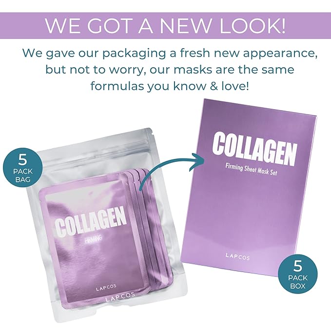 LAPCOS Collagen Sheet Mask, Firming Daily Face Mask with Collagen Peptides for Anti-Aging, Helps to Minimize Wrinkles, Restores Skin Elasticity & Firmness, Korean Beauty Favorite, 5-Pack