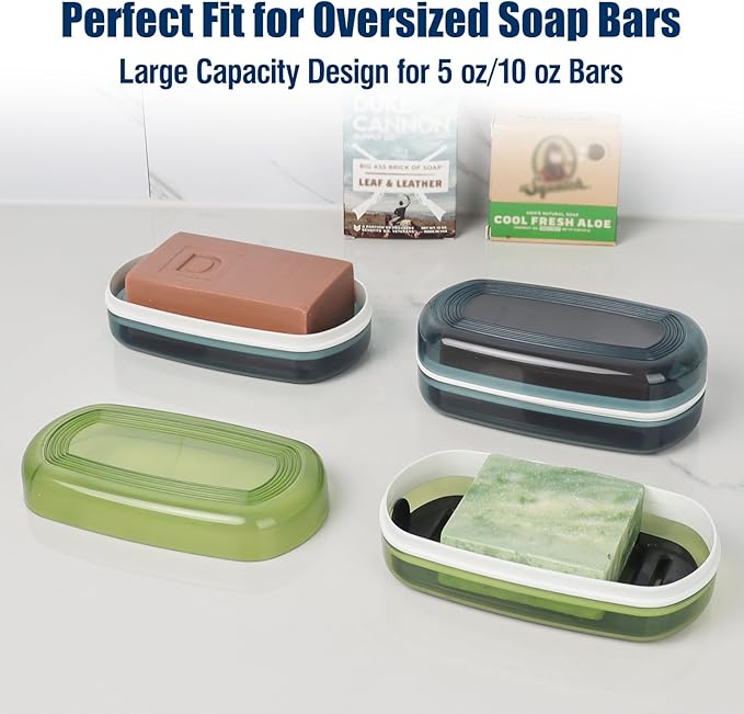 Shampoo Bar Holder Travel Case, Large Soap Holder for 5 oz/10 oz Oversized Bars, Durable & Versatile Storage Soap Container with Drainage Layer (Green Style A-Large)