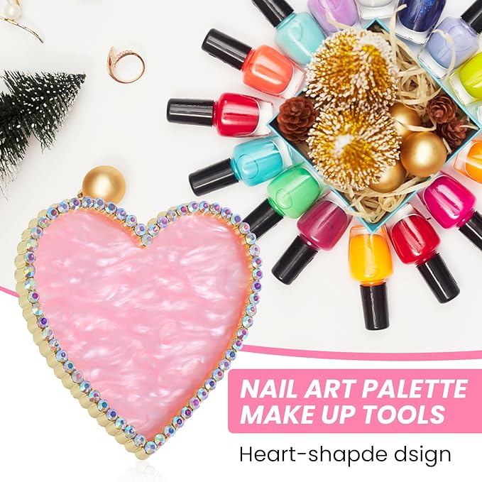 Sibba Resin Nail Art Palette, Golden Edge Nail Mixing Palette with Diamond, Polish Color Mixing Plate, Nail Holder Display Board, Heart Shape Cosmetic Mixing Tools for Women and Girls(Pink)