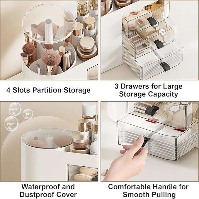 DASITON Makeup Organizer with 3 Drawers,Automatic Lifting Makeup Brush Holder with Lid,Large Capacity Makeup Organizers for Vanity,Bathroom Countertop,Ideal Storage Skin Care,Brushes,Lipstick (White)