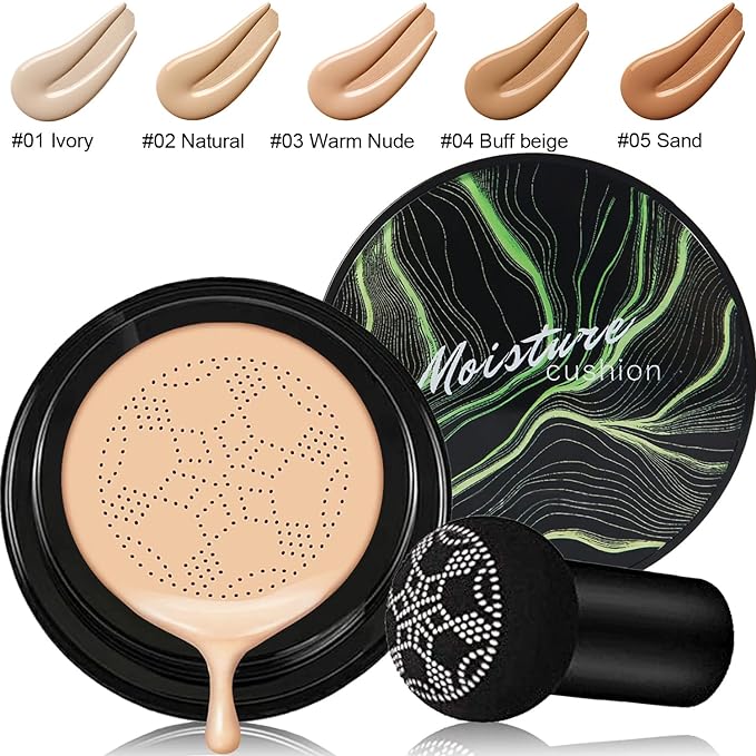 Mushroom Head Air Cushion CC Cream Natural Foundation,Phoera Powder, Bright Makeup Base Long Lasting with Makeup Sponge and Flat Top Kabuki Foundation Brush (#03 Warm Nude)