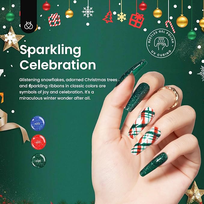 Beetles Glitter Gel Nail Polish, 6 Colors Red Green Gel Nail Polish Set Soak Off Uv LED Nail Lamp Reflective Glitter Nail Art DIY Home Nails Manicure Gifts for Women Her Girls